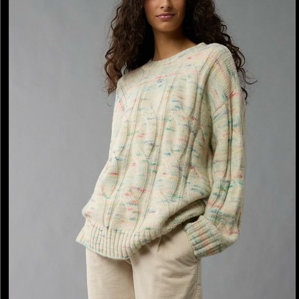 American Eagle Outfitters Cream Speckled Cable Knit Sweater